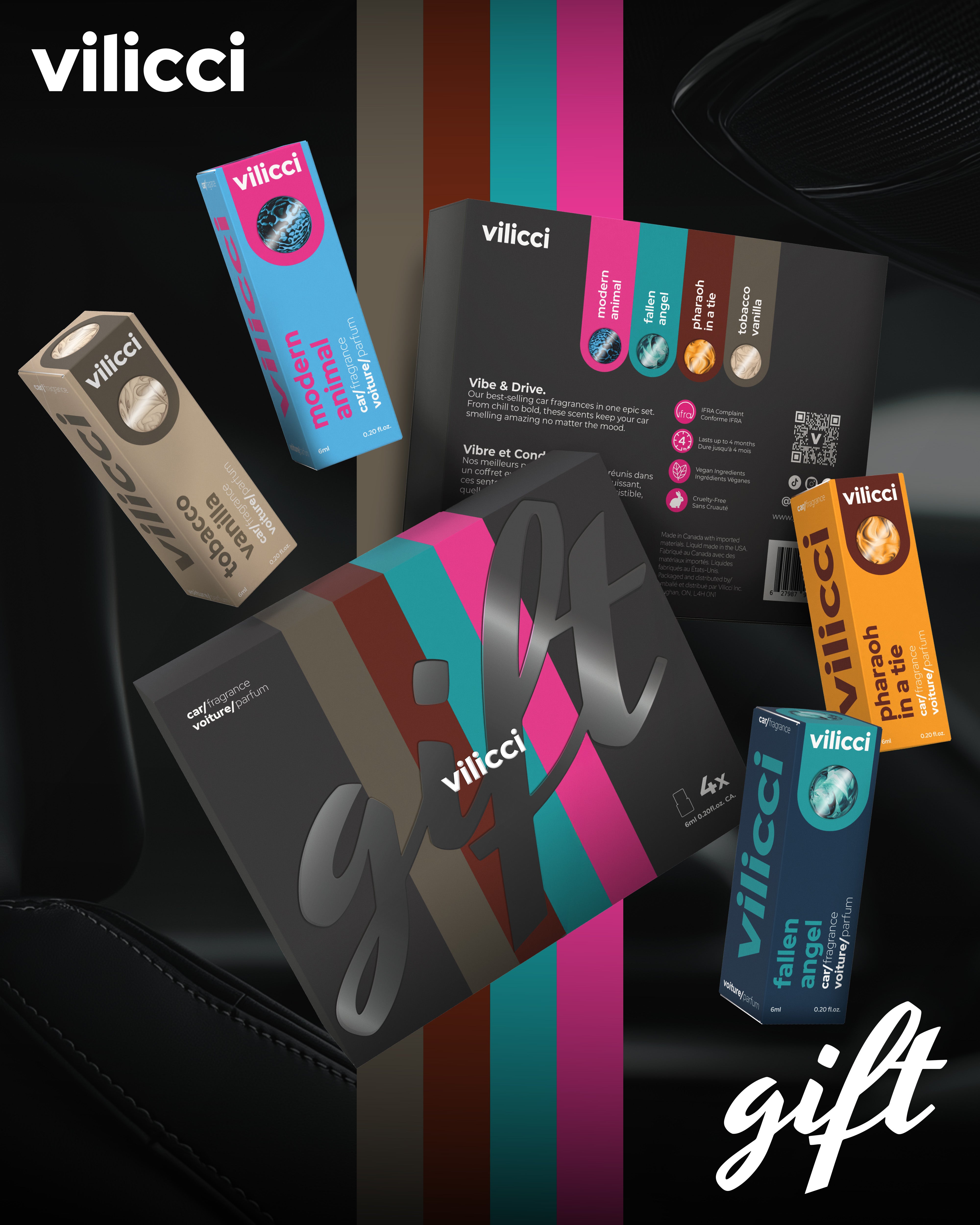 Vilicci car fragrance gift set displayed with packaging for Modern Animal, Fallen Angel, Pharaoh in a Tie, and Tobacco Vanilla